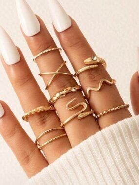 Gold 9pc Rhinestone Snake Ring Set